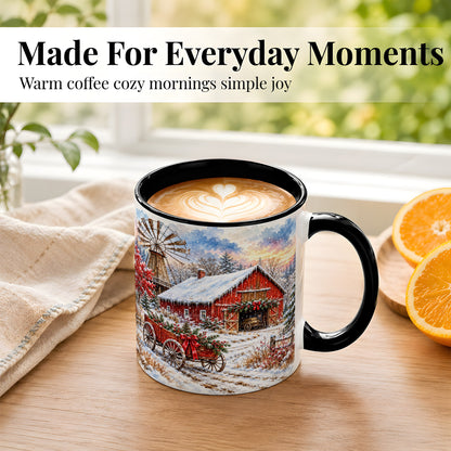 #pl[11oz|Black] Red Barn Coffee Mug, Winter Farmhouse Mug, Ceramic Cup