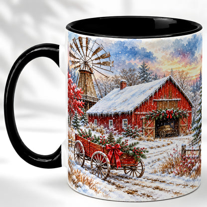 #pl[11oz|Black] Red Barn Coffee Mug, Winter Farmhouse Mug, Ceramic Cup