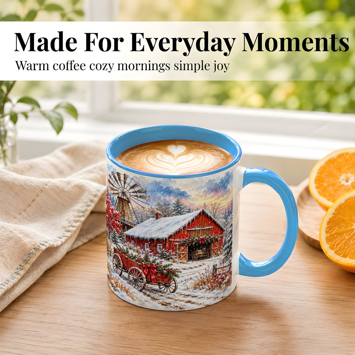 #pl[11oz|Blue] Red Barn Coffee Mug, Winter Farmhouse Mug, Ceramic Cup