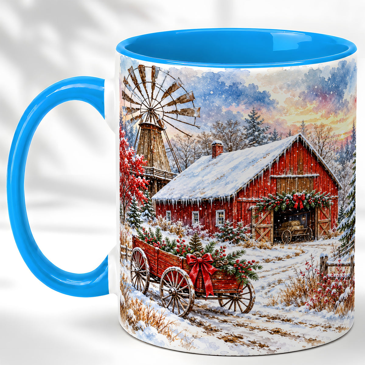 #pl[11oz|Blue] Red Barn Coffee Mug, Winter Farmhouse Mug, Ceramic Cup