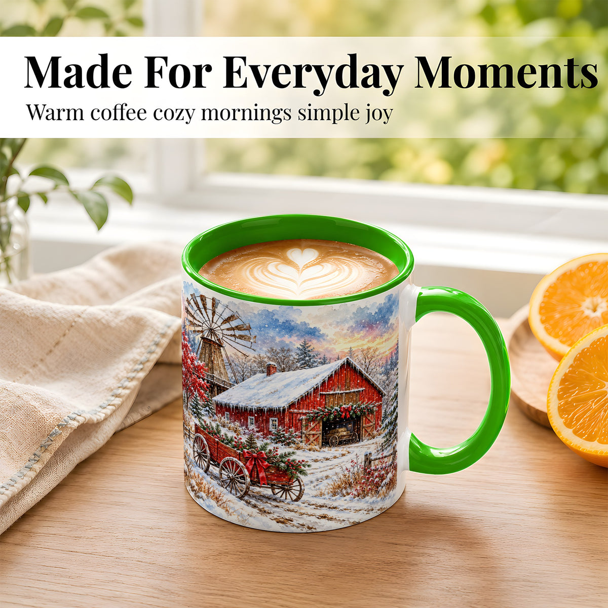 #pl[11oz|Green] Red Barn Coffee Mug, Winter Farmhouse Mug, Ceramic Cup