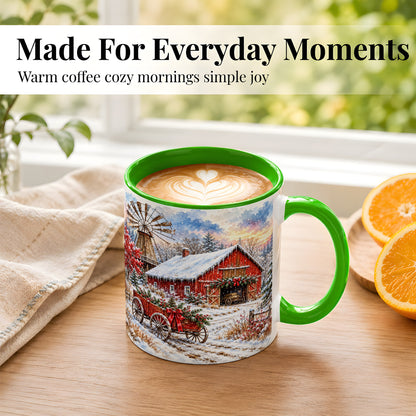 #pl[11oz|Green] Red Barn Coffee Mug, Winter Farmhouse Mug, Ceramic Cup