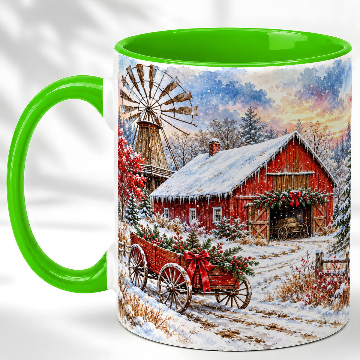#pl[11oz|Green] Red Barn Coffee Mug, Winter Farmhouse Mug, Ceramic Cup