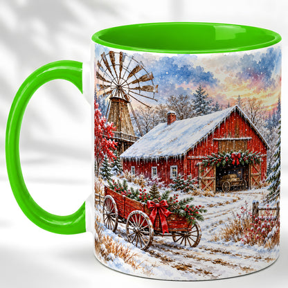 #pl[11oz|Green] Red Barn Coffee Mug, Winter Farmhouse Mug, Ceramic Cup