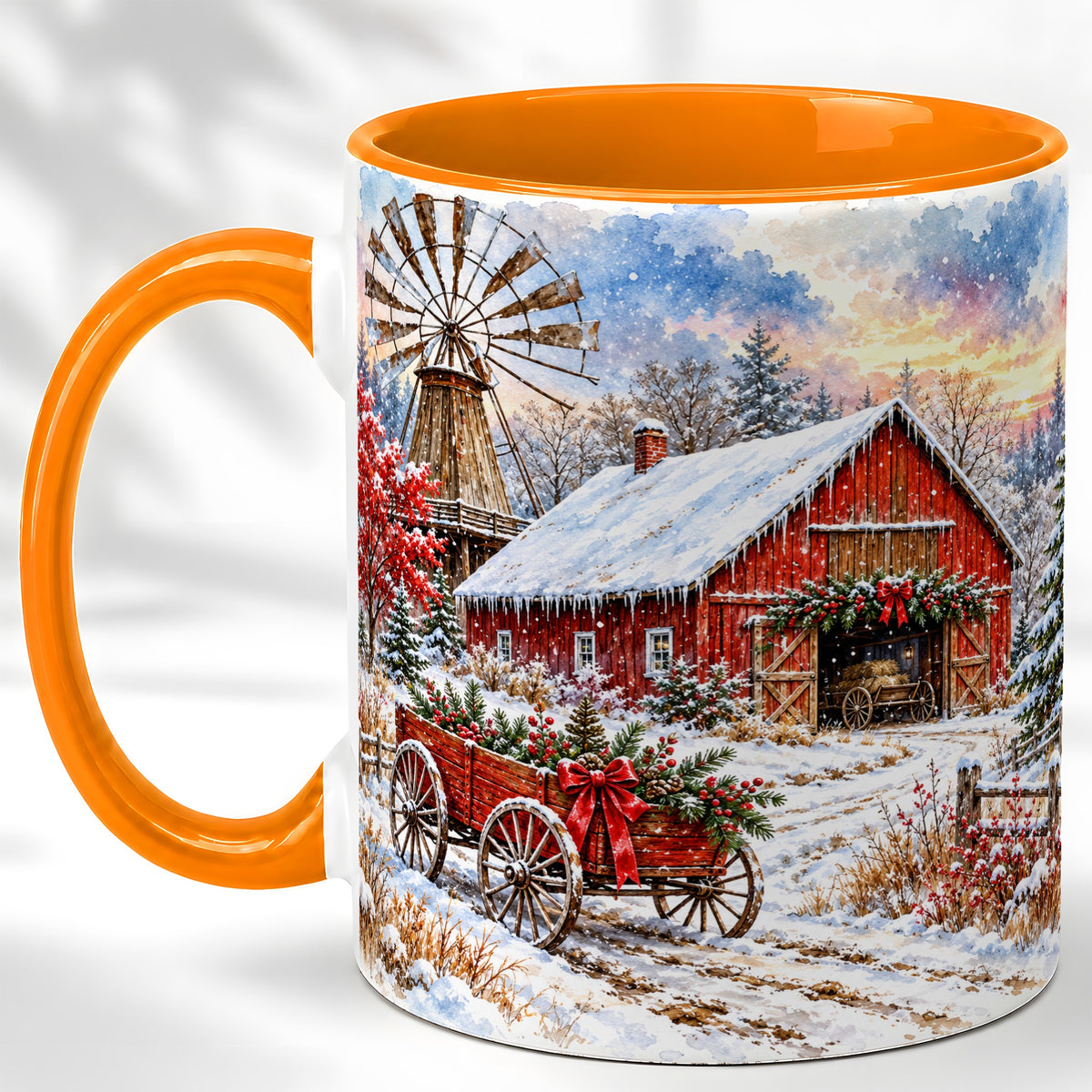 #pl[11oz|Orange] Red Barn Coffee Mug, Winter Farmhouse Mug, Ceramic Cup