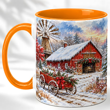 #pl[11oz|Orange] Red Barn Coffee Mug, Winter Farmhouse Mug, Ceramic Cup