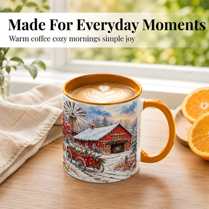 #pl[11oz|Orange] Red Barn Coffee Mug, Winter Farmhouse Mug, Ceramic Cup
