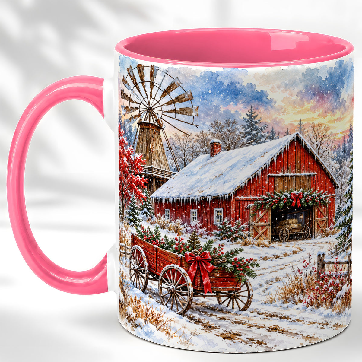 #pl[11oz|Pink] Red Barn Coffee Mug, Winter Farmhouse Mug, Ceramic Cup