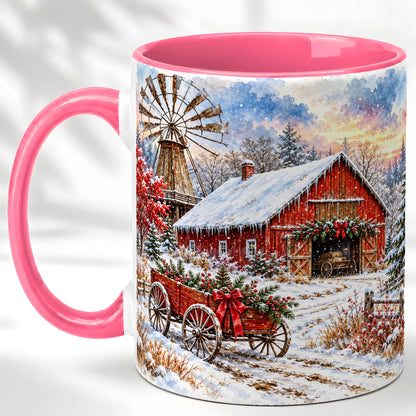 #pl[11oz|Pink] Red Barn Coffee Mug, Winter Farmhouse Mug, Ceramic Cup