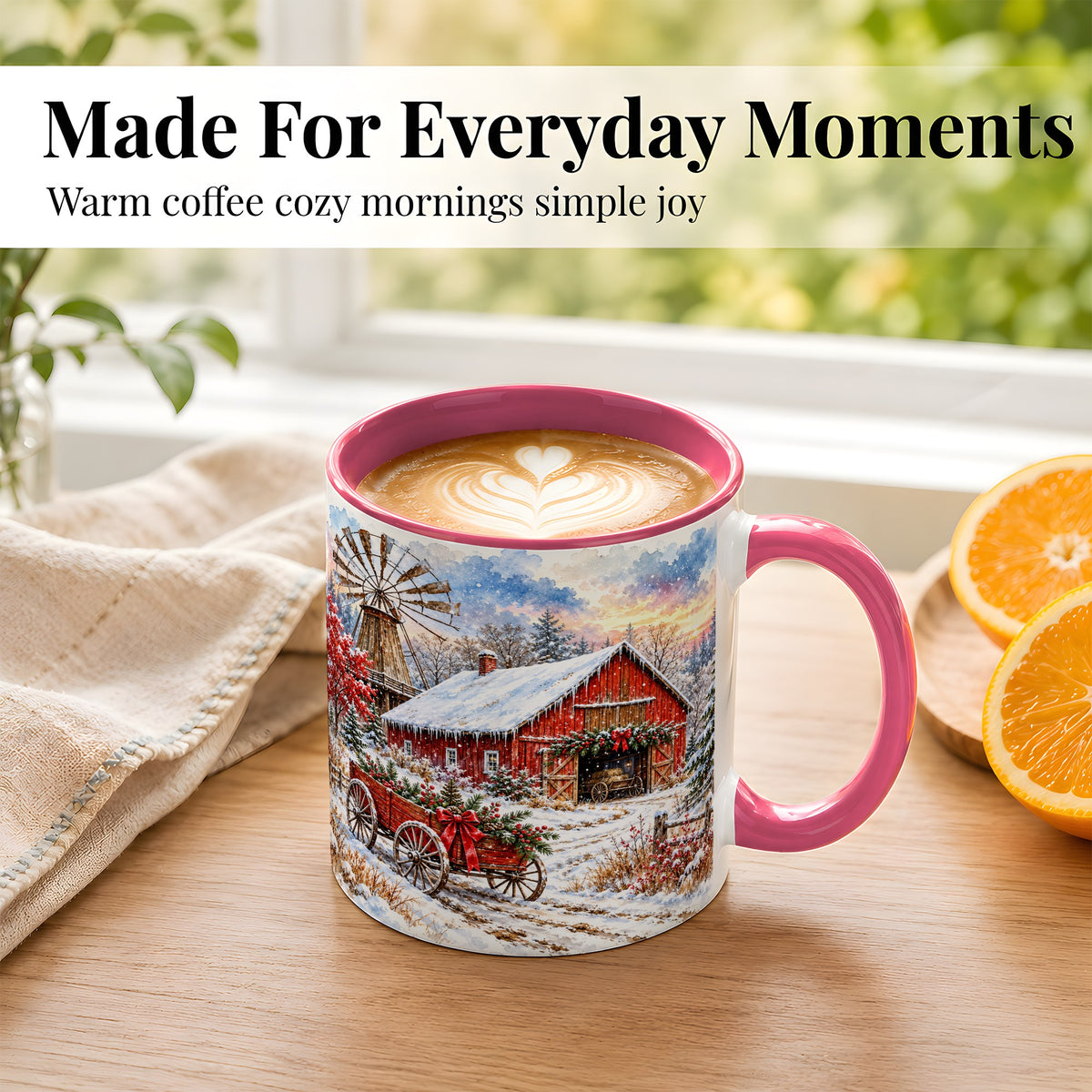 #pl[11oz|Pink] Red Barn Coffee Mug, Winter Farmhouse Mug, Ceramic Cup
