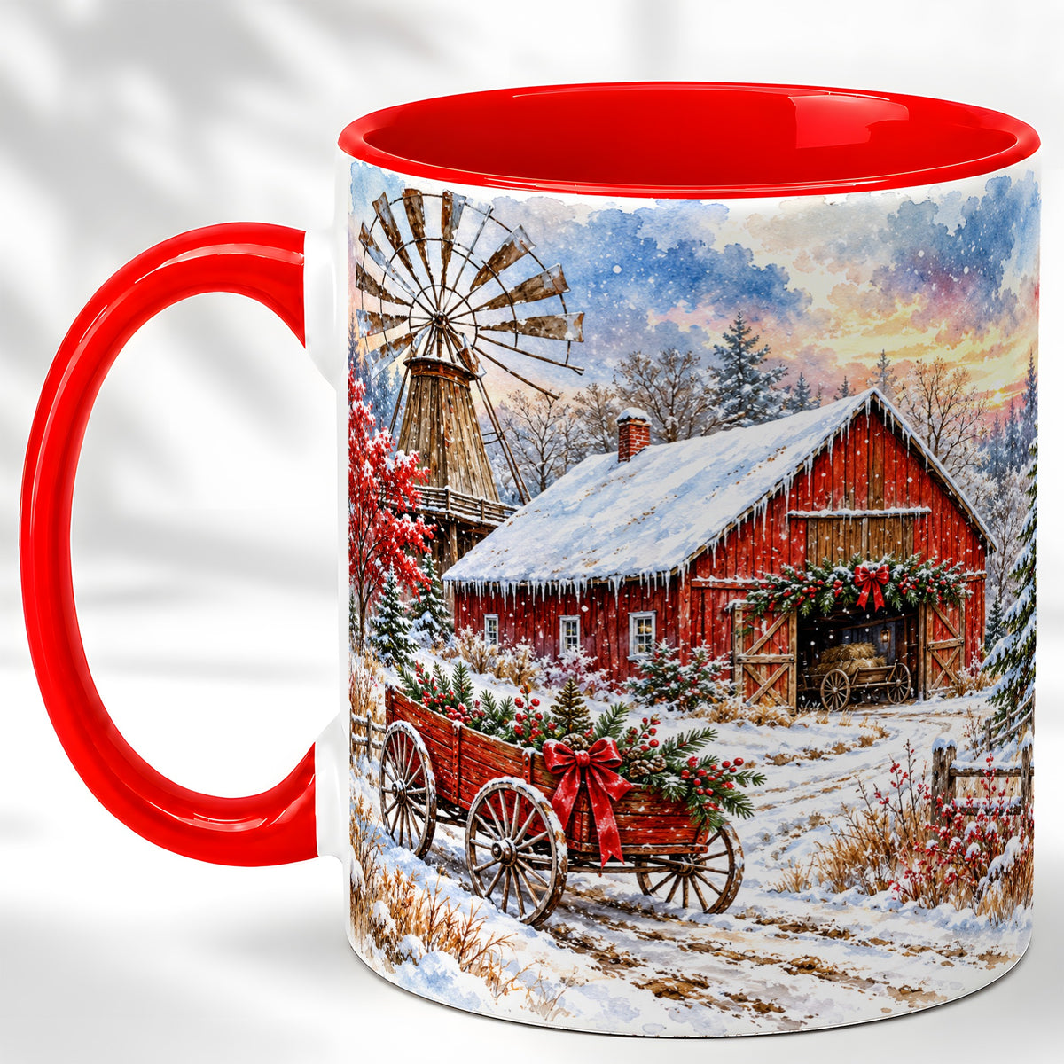 Red Barn Coffee Mug, Winter Farmhouse Mug, Ceramic Cup