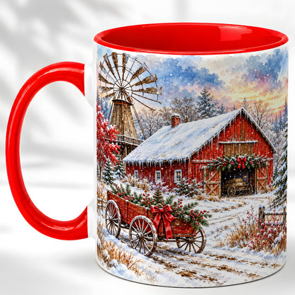 Red Barn Coffee Mug, Winter Farmhouse Mug, Ceramic Cup
