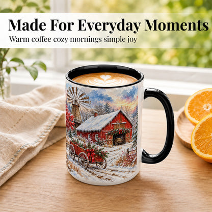 #pl[15oz|Black] Red Barn Coffee Mug, Winter Farmhouse Mug, Ceramic Cup