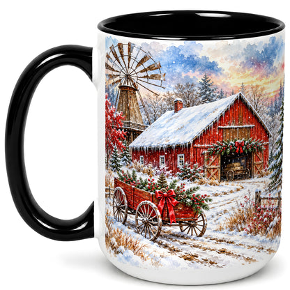 #pl[15oz|Black] Red Barn Coffee Mug, Winter Farmhouse Mug, Ceramic Cup