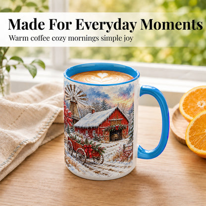 #pl[15oz|Blue] Red Barn Coffee Mug, Winter Farmhouse Mug, Ceramic Cup