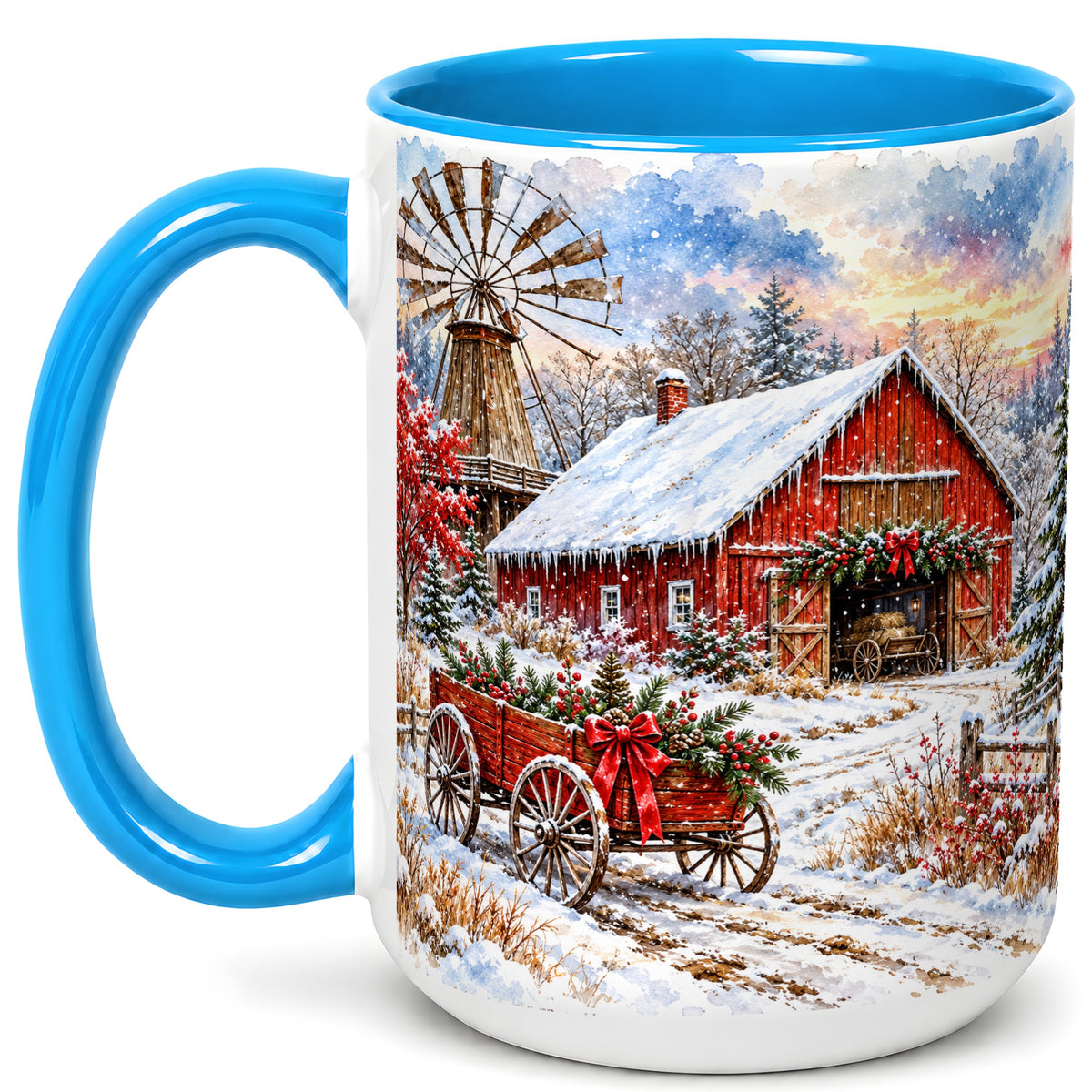 #pl[15oz|Blue] Red Barn Coffee Mug, Winter Farmhouse Mug, Ceramic Cup