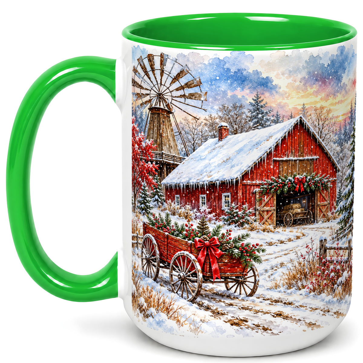 #pl[15oz|Green] Red Barn Coffee Mug, Winter Farmhouse Mug, Ceramic Cup