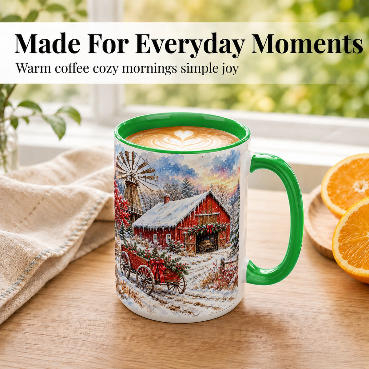 #pl[15oz|Green] Red Barn Coffee Mug, Winter Farmhouse Mug, Ceramic Cup