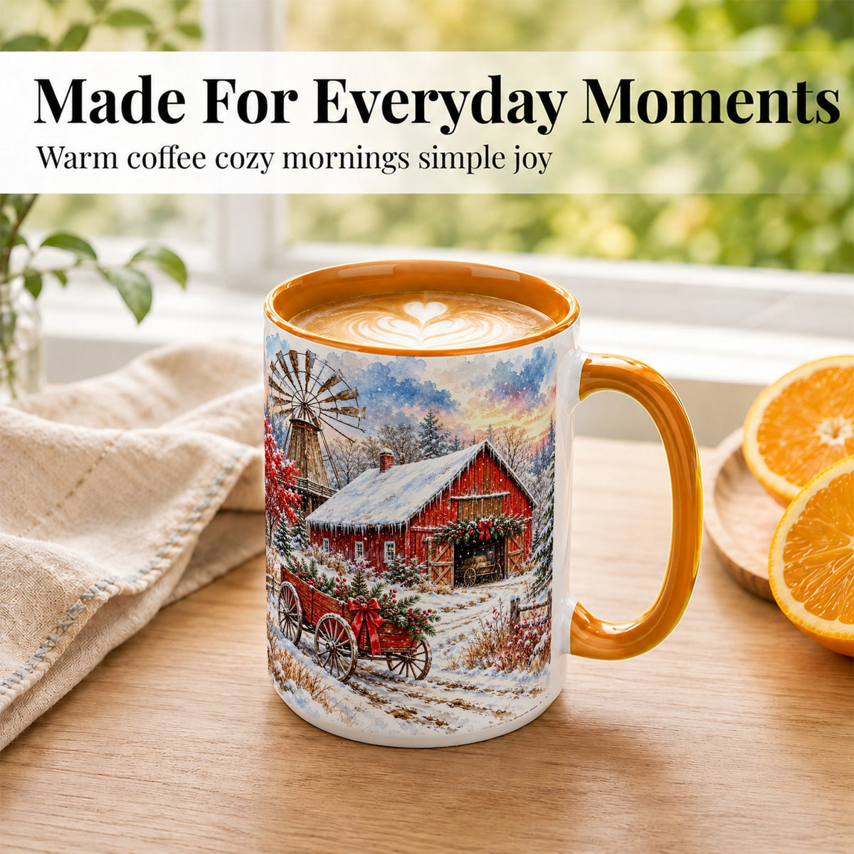 #pl[15oz|Orange] Red Barn Coffee Mug, Winter Farmhouse Mug, Ceramic Cup