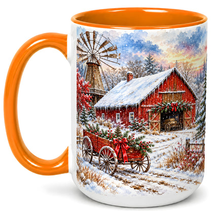 #pl[15oz|Orange] Red Barn Coffee Mug, Winter Farmhouse Mug, Ceramic Cup
