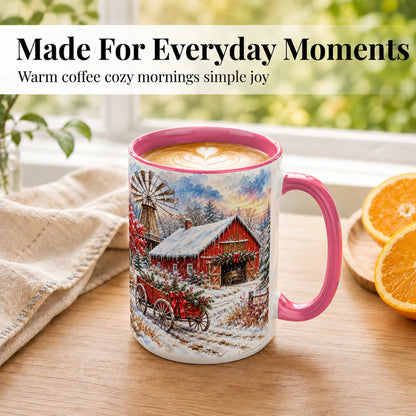 #pl[15oz|Pink] Red Barn Coffee Mug, Winter Farmhouse Mug, Ceramic Cup