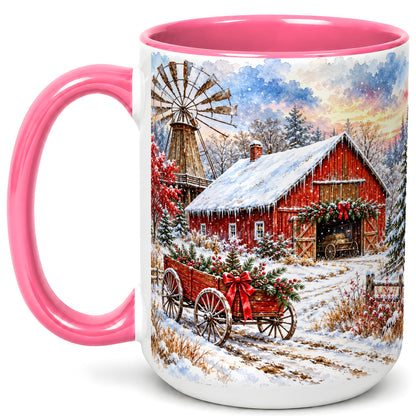 #pl[15oz|Pink] Red Barn Coffee Mug, Winter Farmhouse Mug, Ceramic Cup