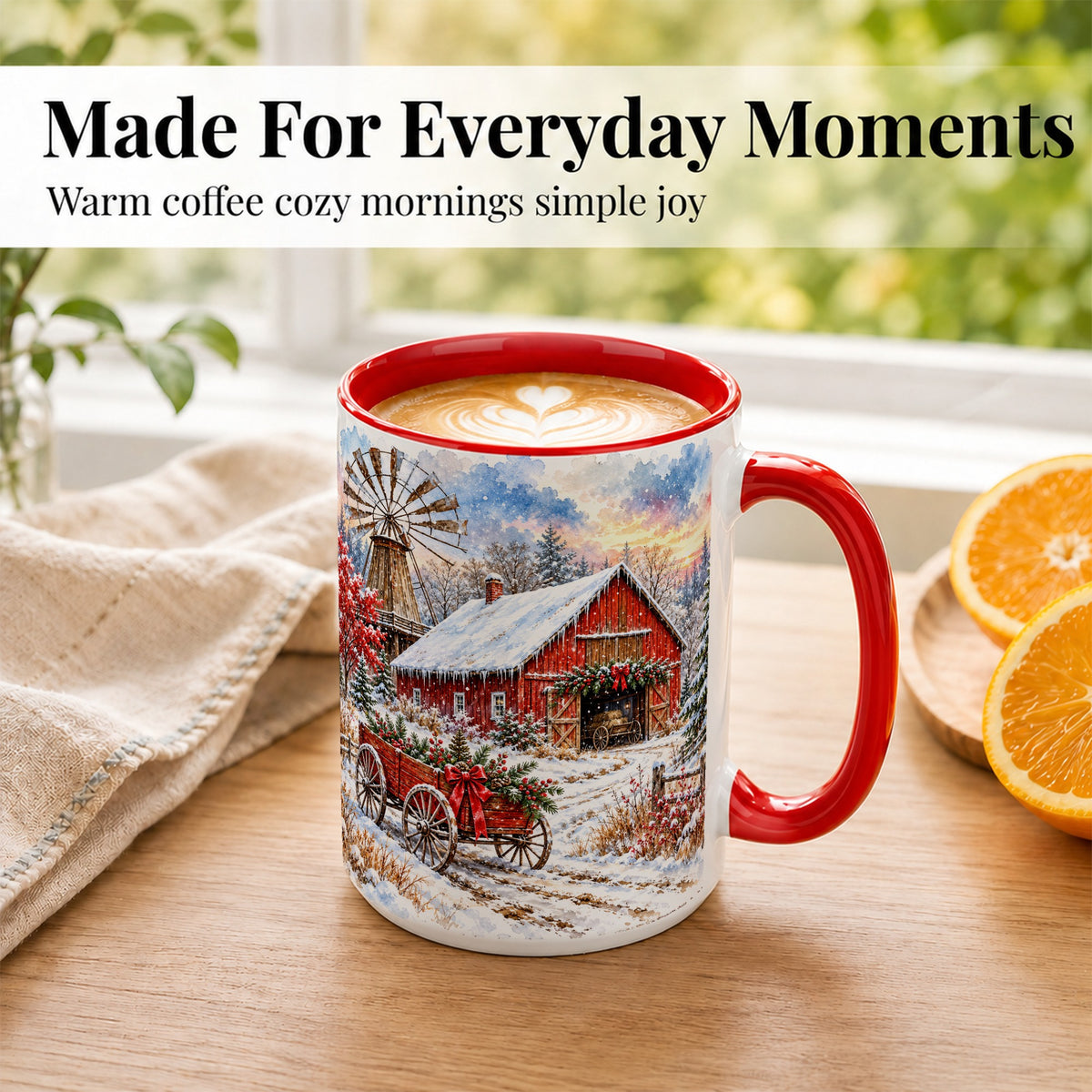 #pl[15oz|Red] Red Barn Coffee Mug, Winter Farmhouse Mug, Ceramic Cup
