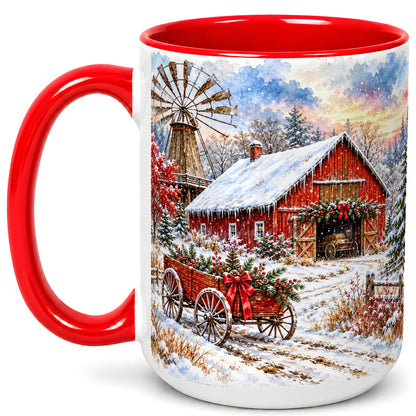 #pl[15oz|Red] Red Barn Coffee Mug, Winter Farmhouse Mug, Ceramic Cup