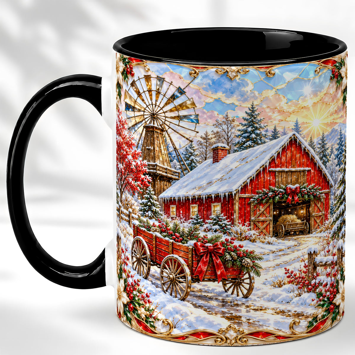 #pl[11oz|Black] Windmill Barn Coffee Mug, Winter Farm Mug, Ceramic Cup