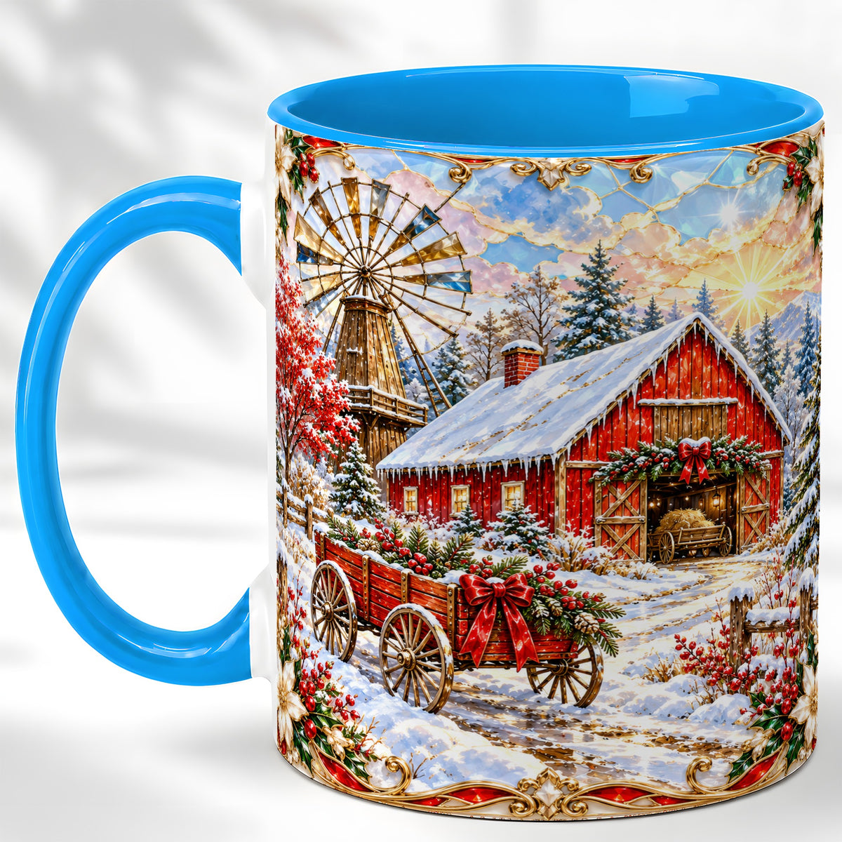 #pl[11oz|Blue] Windmill Barn Coffee Mug, Winter Farm Mug, Ceramic Cup