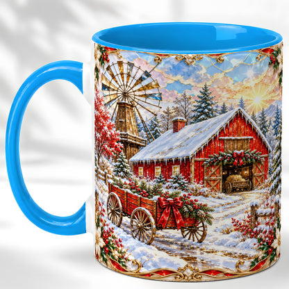 #pl[11oz|Blue] Windmill Barn Coffee Mug, Winter Farm Mug, Ceramic Cup