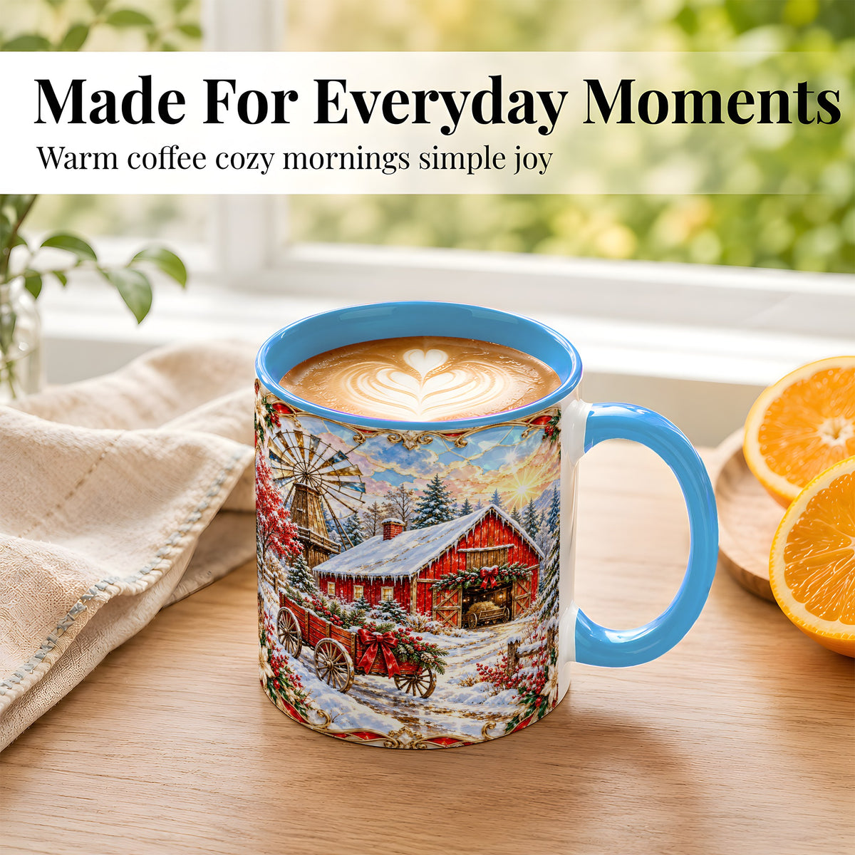 #pl[11oz|Blue] Windmill Barn Coffee Mug, Winter Farm Mug, Ceramic Cup