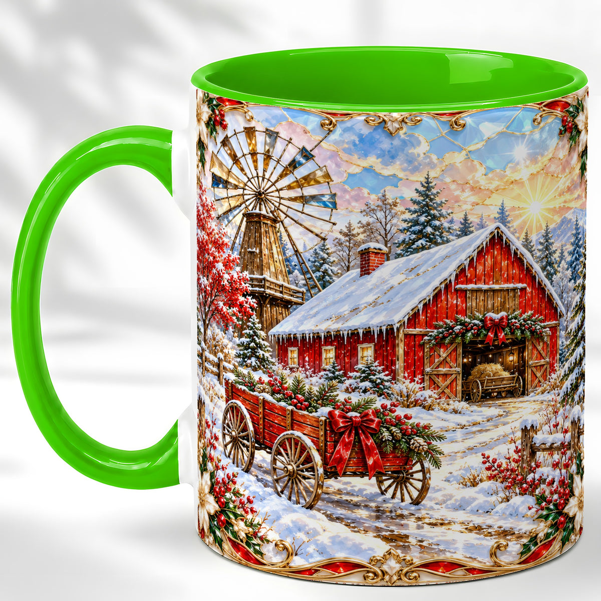 #pl[11oz|Green] Windmill Barn Coffee Mug, Winter Farm Mug, Ceramic Cup