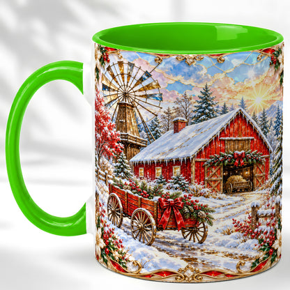 #pl[11oz|Green] Windmill Barn Coffee Mug, Winter Farm Mug, Ceramic Cup