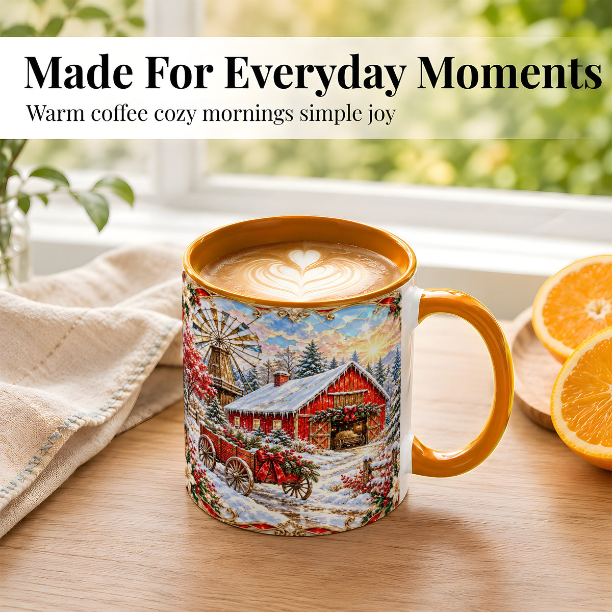 #pl[11oz|Orange] Windmill Barn Coffee Mug, Winter Farm Mug, Ceramic Cup