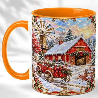 #pl[11oz|Orange] Windmill Barn Coffee Mug, Winter Farm Mug, Ceramic Cup