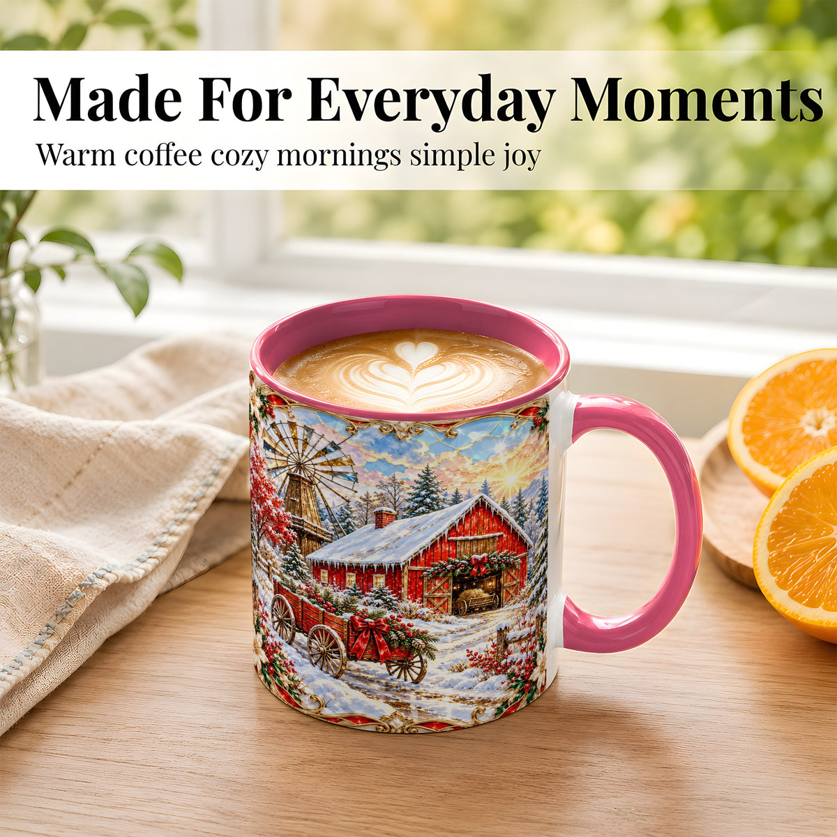 #pl[11oz|Pink] Windmill Barn Coffee Mug, Winter Farm Mug, Ceramic Cup