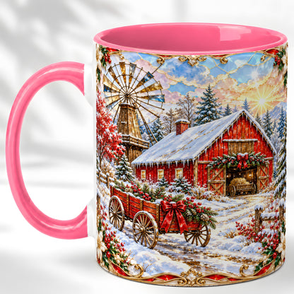 #pl[11oz|Pink] Windmill Barn Coffee Mug, Winter Farm Mug, Ceramic Cup