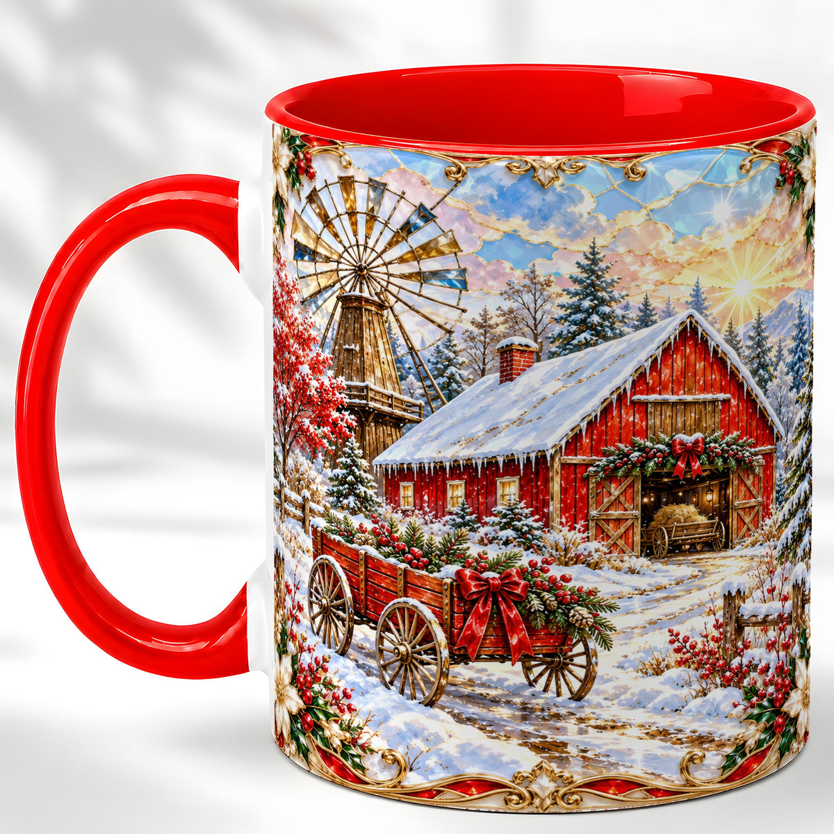 Windmill Barn Coffee Mug, Winter Farm Mug, Ceramic Cup
