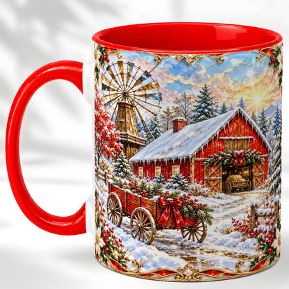 Windmill Barn Coffee Mug, Winter Farm Mug, Ceramic Cup