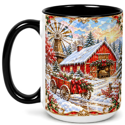 #pl[15oz|Black] Windmill Barn Coffee Mug, Winter Farm Mug, Ceramic Cup