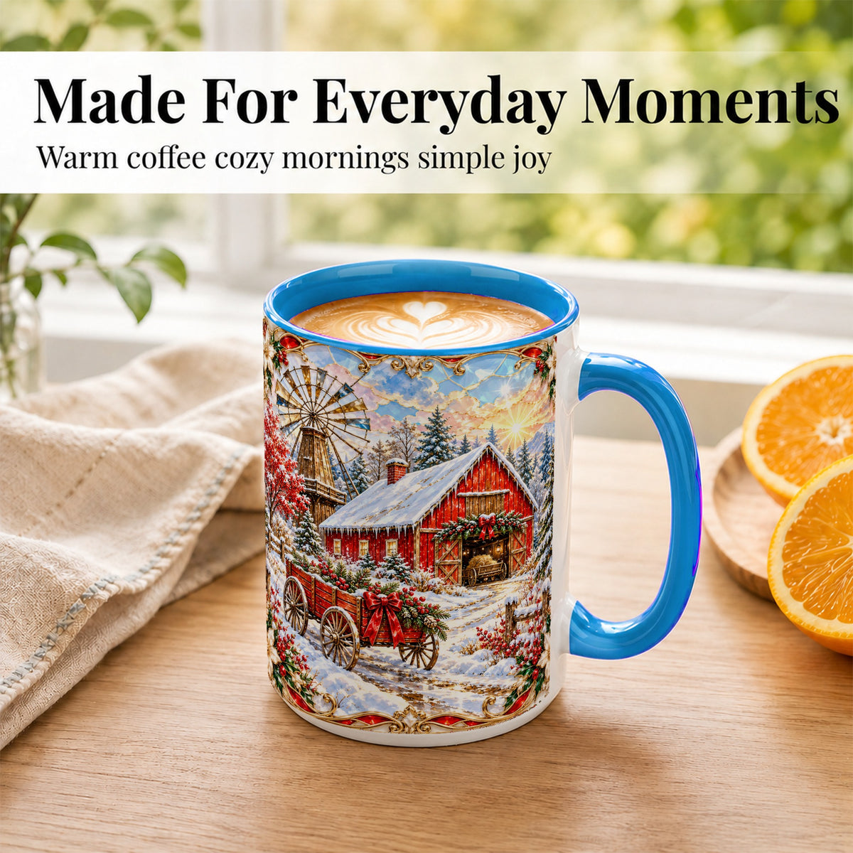 #pl[15oz|Blue] Windmill Barn Coffee Mug, Winter Farm Mug, Ceramic Cup