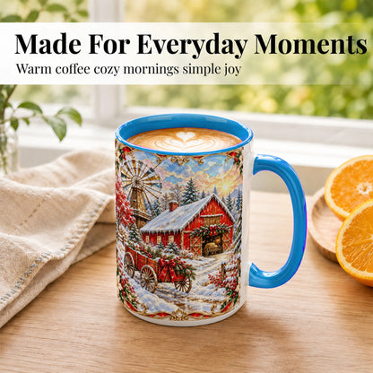 #pl[15oz|Blue] Windmill Barn Coffee Mug, Winter Farm Mug, Ceramic Cup