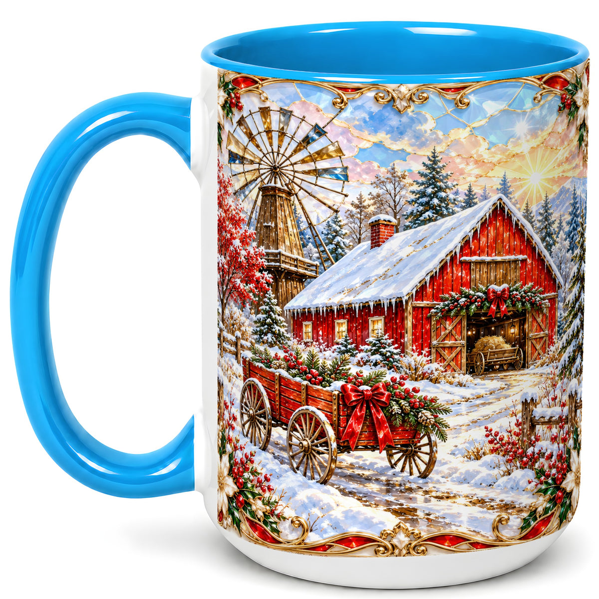 #pl[15oz|Blue] Windmill Barn Coffee Mug, Winter Farm Mug, Ceramic Cup