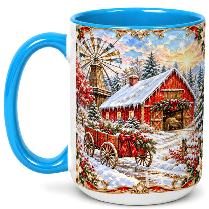 #pl[15oz|Blue] Windmill Barn Coffee Mug, Winter Farm Mug, Ceramic Cup