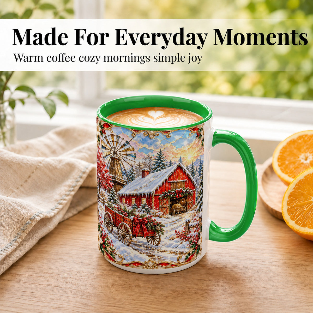 #pl[15oz|Green] Windmill Barn Coffee Mug, Winter Farm Mug, Ceramic Cup