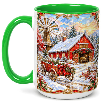 #pl[15oz|Green] Windmill Barn Coffee Mug, Winter Farm Mug, Ceramic Cup
