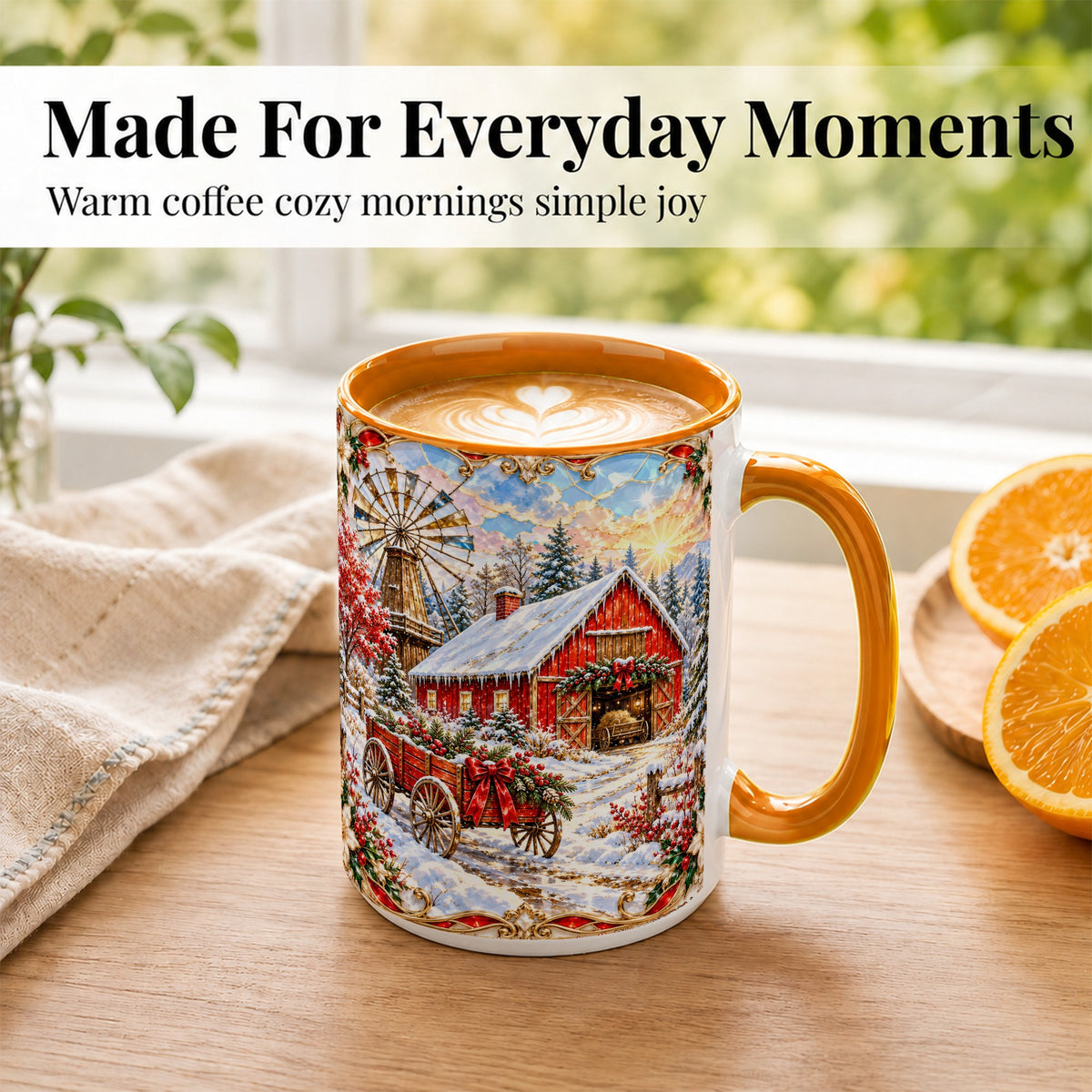#pl[15oz|Orange] Windmill Barn Coffee Mug, Winter Farm Mug, Ceramic Cup