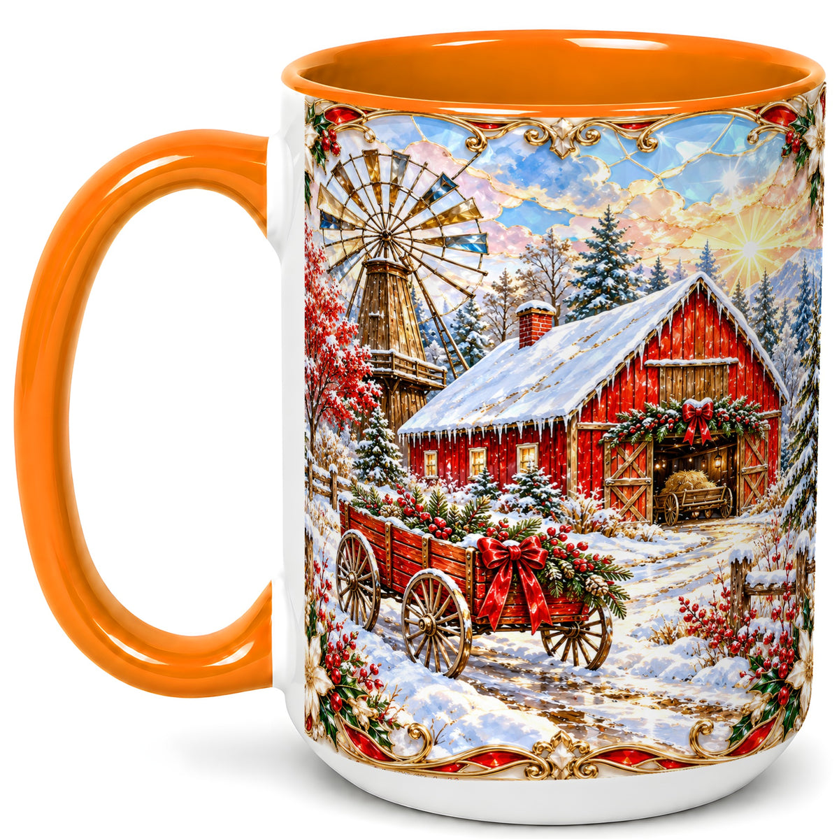 #pl[15oz|Orange] Windmill Barn Coffee Mug, Winter Farm Mug, Ceramic Cup