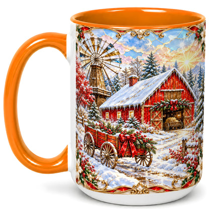 #pl[15oz|Orange] Windmill Barn Coffee Mug, Winter Farm Mug, Ceramic Cup